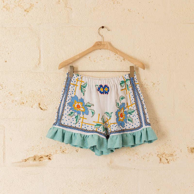 Primula embroidery Shorts Turquoise- One of a Kind